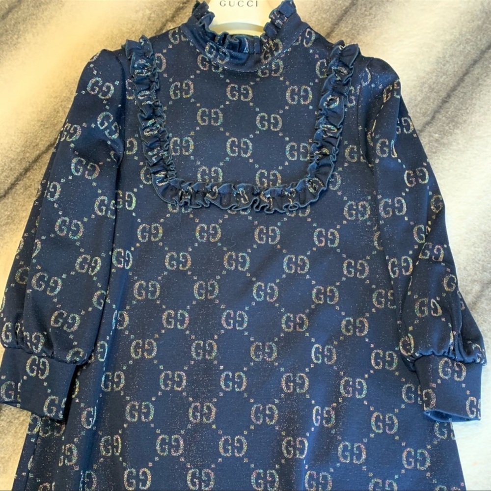 Gucci GG Lame Rainbow Logo Navy Dress